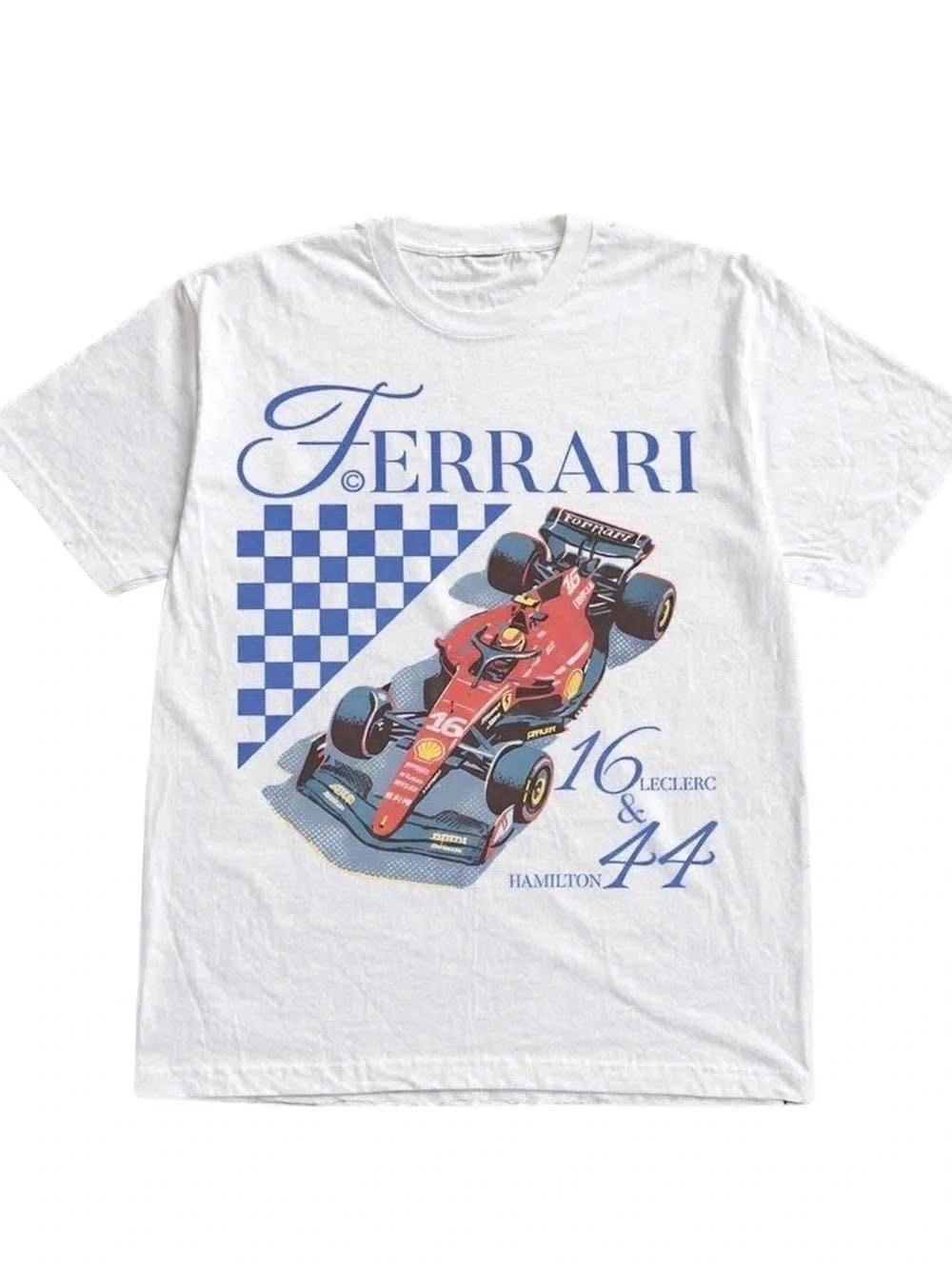 Ferrari White Tee with Red Formula 1 Car and Blue Accents